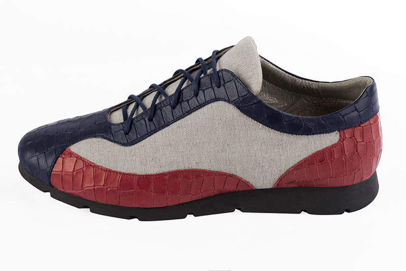 Navy blue, natural beige and cardinal red women's three-tone elegant sneakers. Round toe. Flat rubber soles. Profile view - Florence KOOIJMAN